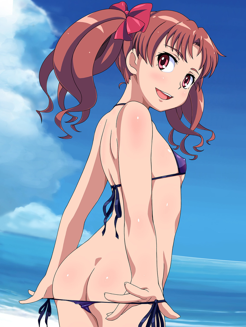 ass bare_shoulders bikini bikini_pull blush body_blush bow breasts brown_hair cloud covered_nipples day hair_bow highres horizon long_hair looking_back micro_bikini muimui ocean purple_bikini red_eyes shiny shiny_hair shiny_skin shirai_kuroko side-tie_bikini sky small_breasts smile solo swimsuit to_aru_kagaku_no_railgun to_aru_majutsu_no_index undressing