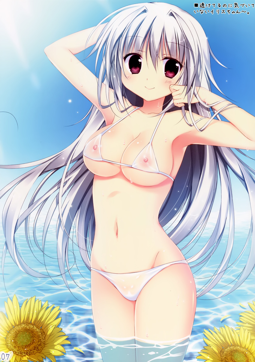 absurdres arm_behind_head arm_up armpits bangs bare_arms bare_shoulders bikini blue_sky breasts cleavage closed_mouth collarbone covered_nipples day eyebrows_visible_through_hair flower groin hair_between_eyes hair_intakes hand_up highres iris_freyja juuoumujin_no_fafnir korie_riko large_breasts legs_together long_hair looking_at_viewer midriff navel nipples outdoors red_eyes scan see-through silver_hair sky smile solo standing stomach sunflower sunlight swimsuit very_long_hair wading water wet wet_clothes white_background white_bikini yellow_flower