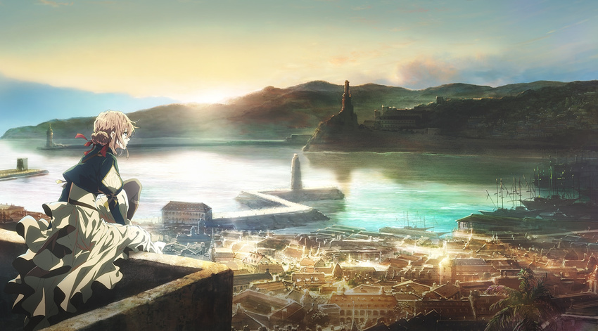 ahoge blue_sky braid brown_hair city from_behind hair_ribbon harbor highres key_visual landscape long_skirt looking_afar looking_away ocean official_art palm_tree red_ribbon reflection ribbon scenery ship shore short_hair sitting skirt sky solo sunrise takase_akiko tree violet_evergarden violet_evergarden_(character) watercraft white_skirt