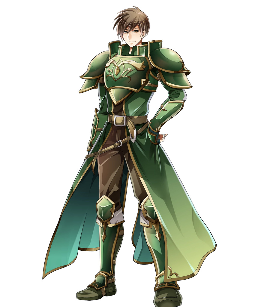 arm_guards armor armored_boots boots brown_eyes brown_hair fingerless_gloves fire_emblem fire_emblem:_monshou_no_nazo fire_emblem_heroes full_body gloves hand_on_hip highres holding itagaki_hako looking_at_viewer male_focus official_art pauldrons polearm rody_(fire_emblem) scar smile solo spear torn_clothes transparent_background weapon
