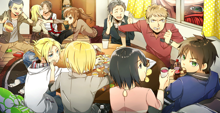 6+boys akami_fumio all_fours annie_leonhardt armin_arlert brown_hair christa_renz clenched_hand clenched_teeth closed_eyes coca-cola colossal_titan connie_springer dot_pixis eren_yeager eye_contact food green_eyes grey_hair highres indoors jean_kirchstein long_hair looking_at_another marco_bodt mikasa_ackerman mouth_hold multiple_boys multiple_girls pocky pocky_kiss pringle_duck red_shirt sasha_braus shared_food sharing_food shingeki_no_kyojin shirt tearing_up tears teeth window wooden_floor wrist_cuffs ymir_(shingeki_no_kyojin) yuri