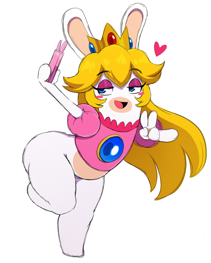 blonde_hair blue_eyes cellphone clothing crown female hair mammal mario_+_rabbids:_kingdom_battle nintendo phone rabbid rabbid_peach selfie simple_background smile solo sssonic2 thick_thighs ubisoft video_games white_background wide_hips