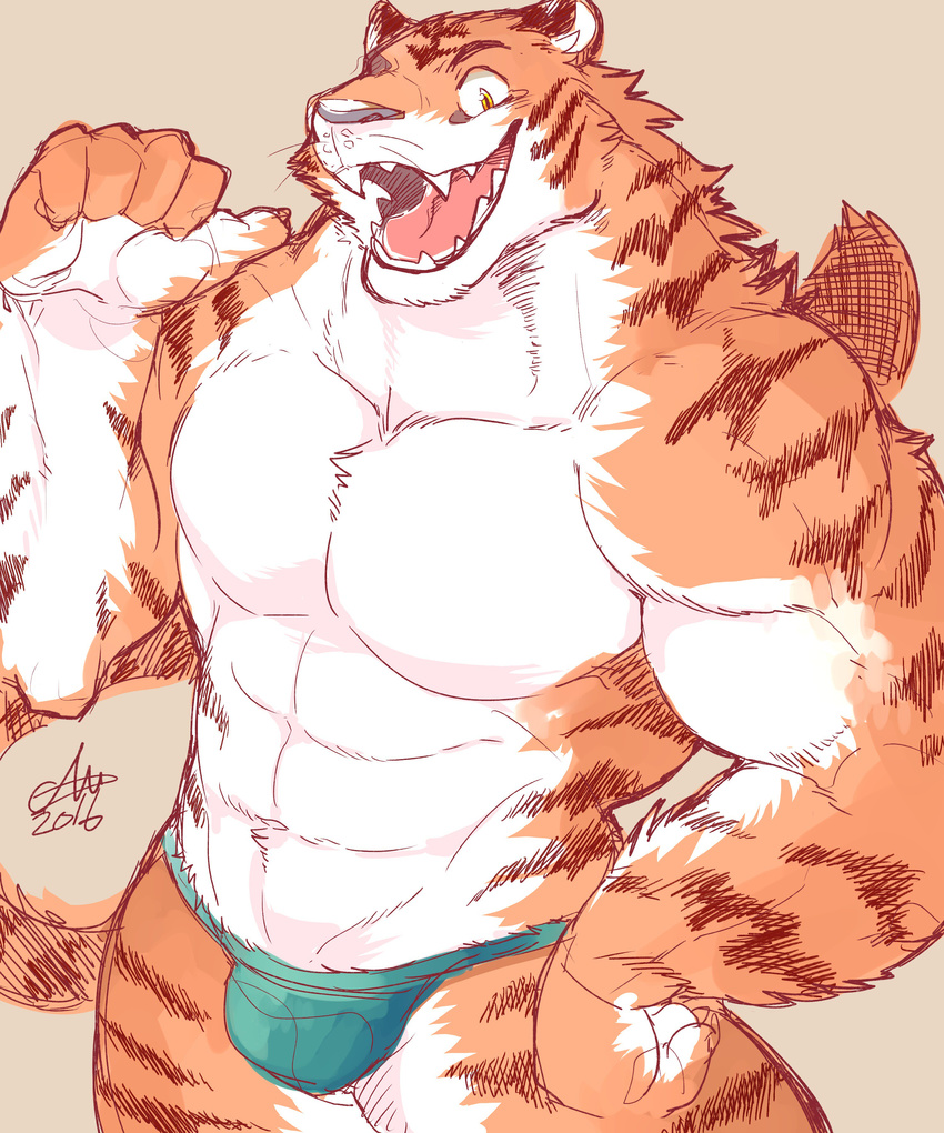 abs clothing colored feline ginnosuke looking_at_viewer male mammal muscular pecs simple_background solo tiger underwear