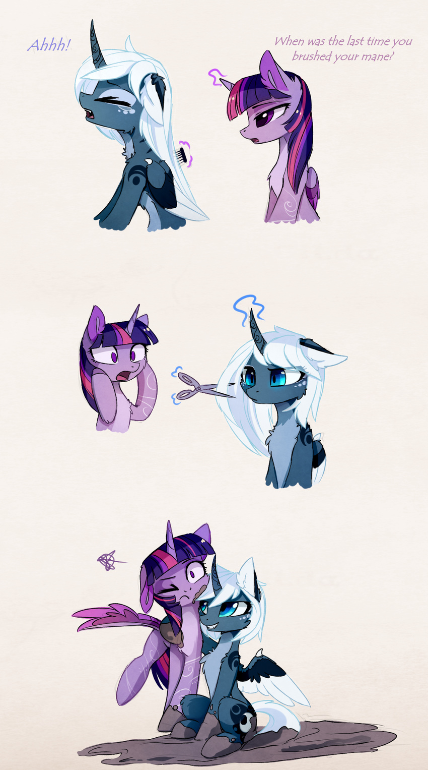 blue_eyes duo english_text equine eyes_closed feathered_wings feathers female feral friendship_is_magic hair hooves horn magnaluna mammal my_little_pony open_mouth princess_luna_(mlp) purple_eyes purple_hair simple_background smile teeth text tongue twilight_sparkle_(mlp) white_background winged_unicorn wings