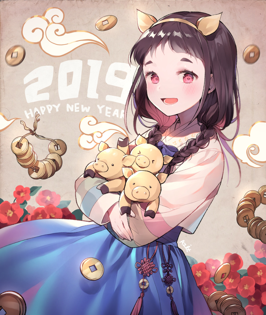 &gt;_&lt; 1girl 2019 :d animal animal_ears animal_hug azit_(down) blue_skirt blush braid brown_hair brown_hairband chinese_zodiac coin commentary english_commentary fake_animal_ears fingernails flower hairband hanbok happy_new_year highres korean_clothes long_hair long_sleeves looking_at_viewer low_twintails new_year open_mouth original pig pig_ears red_eyes red_flower side_braids skirt smile solo twin_braids twintails year_of_the_pig
