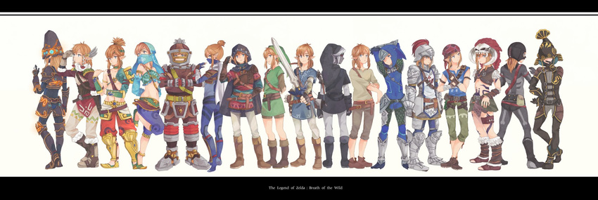 aco_co0 alternate_costume armor bandana bodysuit boots brown_hair copyright_name crossdressing dark_link gerudo_link hair_ornament headband headdress helmet highres horned_headwear link mask midriff multiple_boys multiple_persona navel otoko_no_ko pointy_ears scarf side-by-side sword tattoo the_legend_of_zelda the_legend_of_zelda:_breath_of_the_wild veil weapon