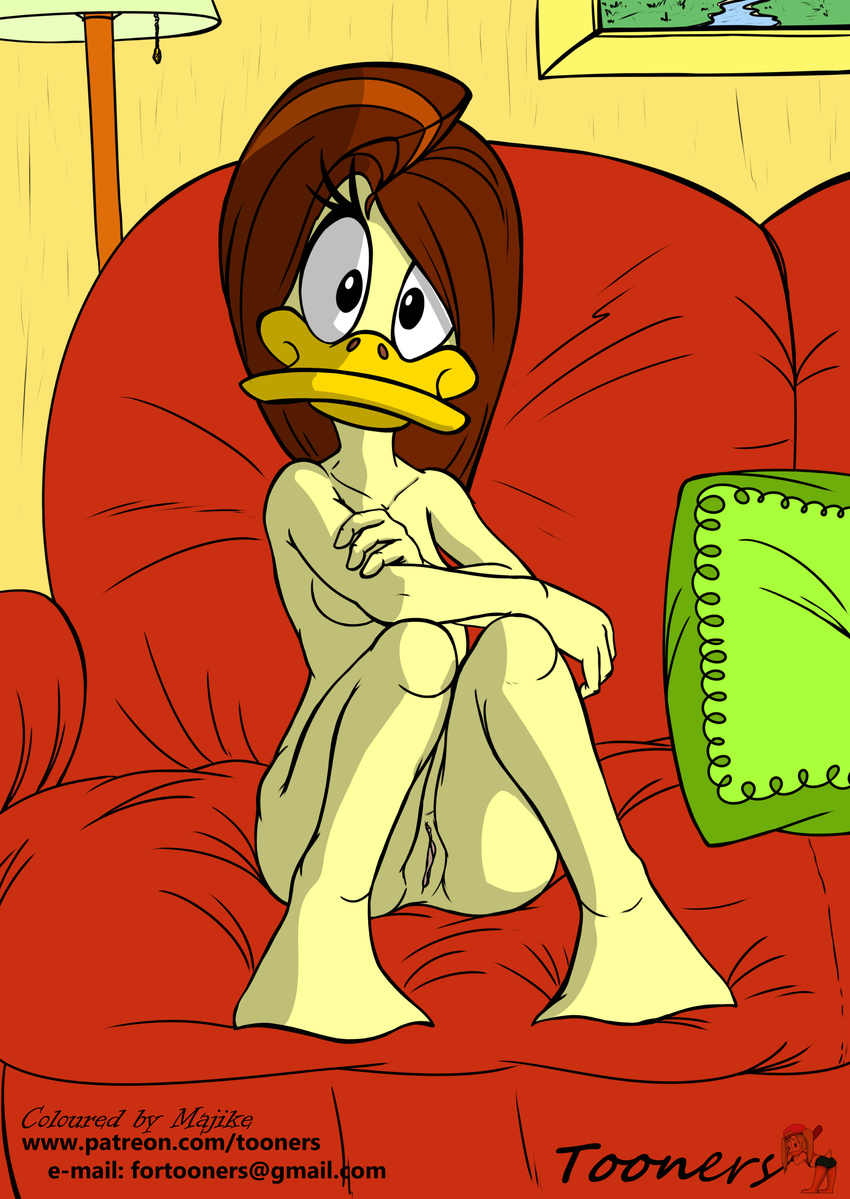 absurd_res anthro avian beak bed bird breasts duck female hair hi_res looney_tunes majike non-mammal_breasts nude pillow pussy simple_background smile solo tina_russo tooners warner_brothers white_background