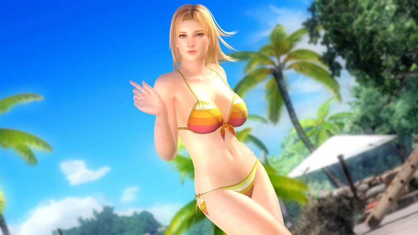 1girl 3d bikini blonde_hair blue_eyes breasts dead_or_alive dead_or_alive_5 large_breasts official_art solo swimsuit tecmo tina_armstrong