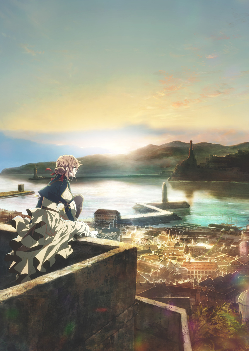absurdres ahoge blue_sky braid brown_hair city double_bun from_behind hair_ribbon harbor highres key_visual landscape long_skirt looking_afar looking_away ocean official_art palm_tree red_ribbon reflection ribbon scenery ship shore short_hair sitting skirt sky solo takase_akiko tree violet_evergarden violet_evergarden_(character) watercraft white_skirt