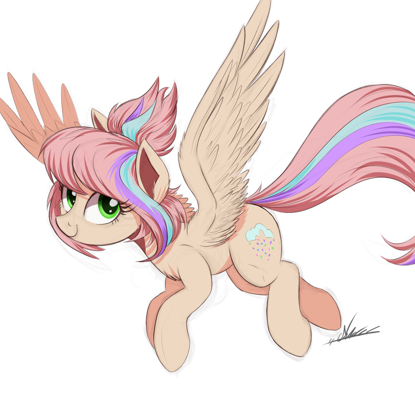 cutie_mark equine eyelashes fan_character feathered_wings feathers female feral fur green_eyes hooves mammal my_little_pony ncmares pegasus pink_feathers pink_fur simple_background smile solo white_background wings