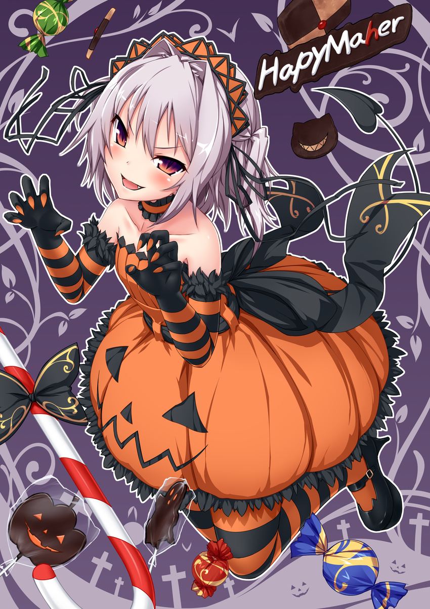 absurdres candy choker claw_pose claws dress elbow_gloves fingernails food gloves grey_hair halloween happy hapymaher headdress high_heels highres nail_polish naitou_maia orange_eyes orange_nails pantyhose sharp_fingernails short_hair striped striped_legwear ugume