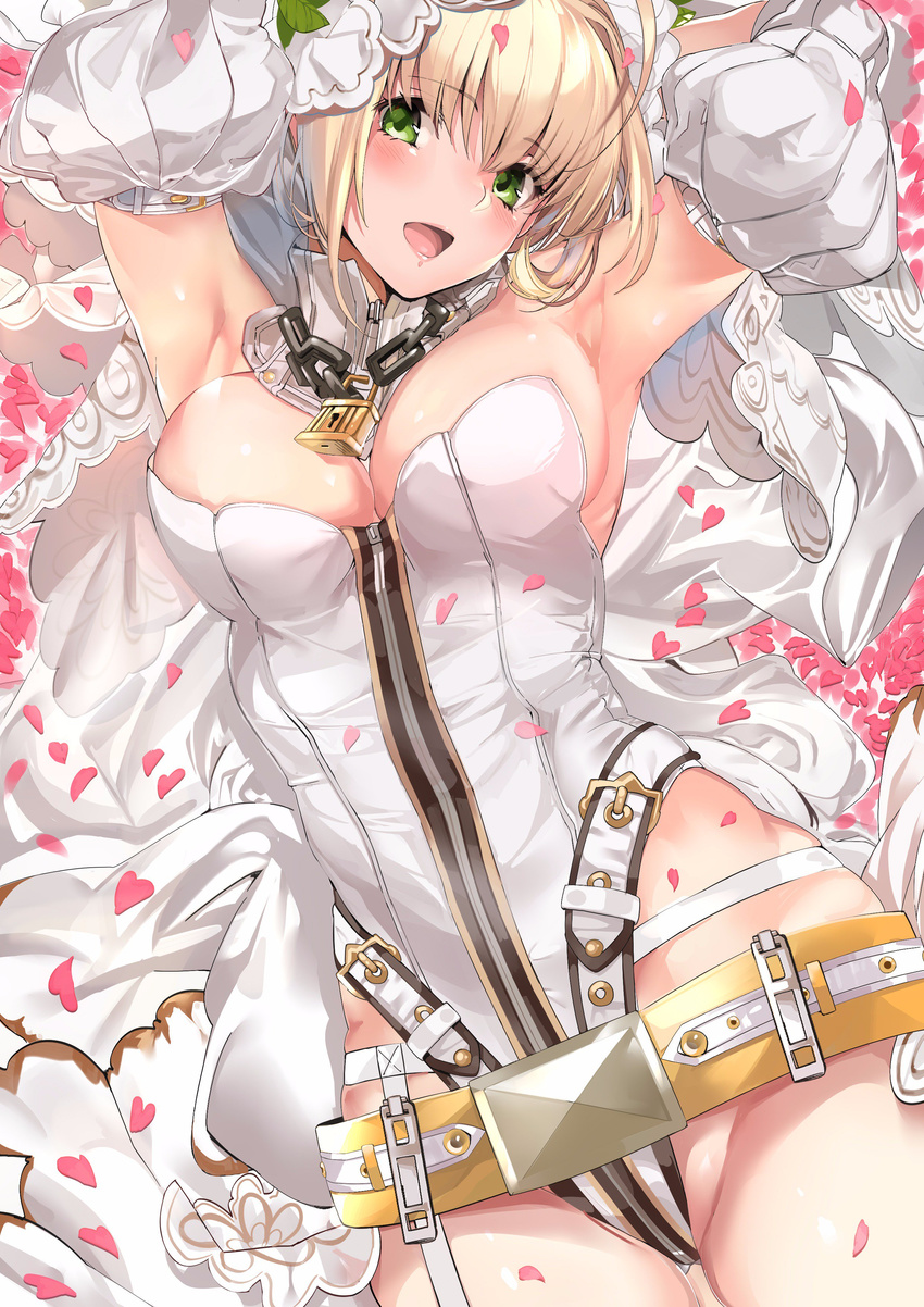 absurdres ahoge armpits arms_up belt blonde_hair blush breasts chain cleavage commentary_request detached_sleeves fate/extra fate/extra_ccc fate_(series) green_eyes highres large_breasts leotard lock looking_at_viewer lying marushin_(denwa0214) nero_claudius_(bride)_(fate) nero_claudius_(fate)_(all) on_back padlock petals smile solo veil white_sleeves zipper