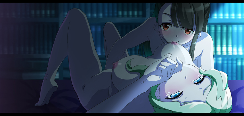 barefoot bed bed_sheet biting blue_eyes blush book bookshelf breast_sucking breasts brown_hair commentary_request diana_cavendish feet finger_biting fingering half-closed_eyes indoors kagari_atsuko light_green_hair little_witch_academia long_hair looking_at_viewer lying medium_breasts moonlight multiple_girls night nipples nude on_back on_bed smile tears yuri yutsuki_ryou