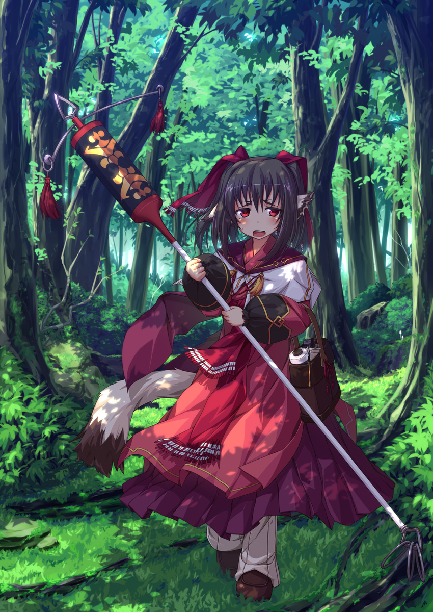absurdres animal_ears bag bangs black_hair blush brown_footwear bush commentary_request forest full_body grass hair_between_eyes hair_ribbon highres holding holding_bag holding_staff japanese_clothes leopard_ears leopard_tail loafers long_skirt looking_at_viewer nature nekone_(utawareru_mono) open_mouth plant pleated_skirt puffy_sleeves red_eyes red_ribbon ribbon sailor_collar shoes skirt solo staff tail teeth tree ugume utawareru_mono utawareru_mono:_itsuwari_no_kamen walking