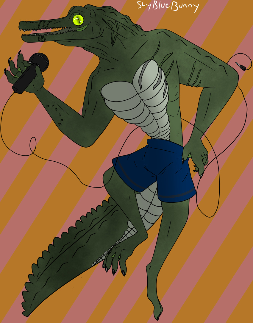 anthro blackfluffybunny calvin claws crocodile crocodilian digital_media_(artwork) green_eyes looking_at_viewer male microphone open_mouth reptile scalie scar simple_background smile teeth tongue