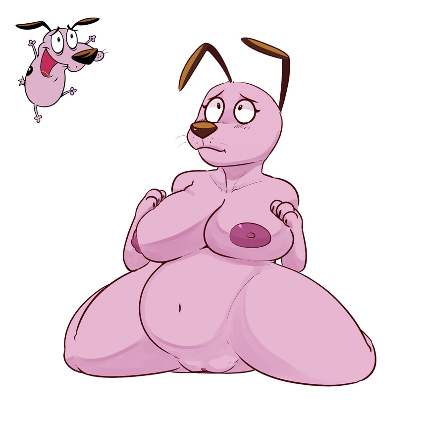 2017 anthro big_breasts breast_rest breasts canine cartoon_network courage courage_the_cowardly_dog crossgender cute dog female fur hand_on_breast hi_res komponi lol_comments mammal navel nipples nude pink_fur pink_nipples pussy simple_background slightly_chubby solo white_background