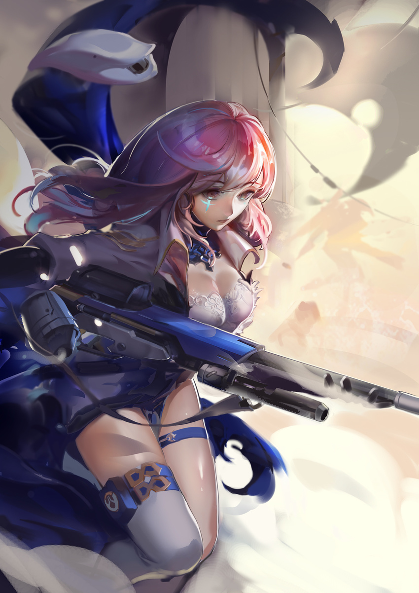 ana_(overwatch) bangs breasts brown_eyes cleavage coat explosive eyebrows eyebrows_visible_through_hair eyelashes facial_mark facial_tattoo gorget gun headwear_removed highres holding holster long_hair medium_breasts outstretched_arm overwatch pink_hair rabbit_(tukenitian) rifle shiny shiny_skin silhouette single_thighhigh smoke solo_focus tattoo thigh_holster thigh_strap thighhighs weapon white_legwear younger