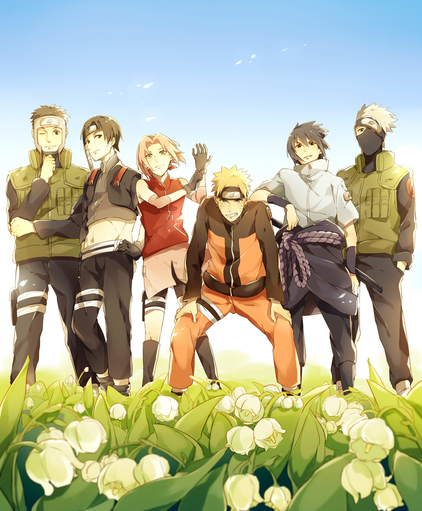 5boys ;) adjusting_clothes adjusting_gloves black_eyes black_gloves black_hair black_pants black_shorts blonde_hair crop_top day flower gloves hair_between_eyes hand_in_pocket hands_on_hips hands_on_legs haruno_sakura hatake_kakashi headband highres holster lily_of_the_valley looking_at_viewer mask midriff military military_uniform multiple_boys naruto naruto_(series) naruto_shippuuden navel one_eye_closed orange_pants outdoors pants pink_hair sai_(naruto) short_hair shorts silver_hair sky sleeveless smile spiked_hair standing stomach thigh_holster tokita_(bl801june) uchiha_sasuke uniform uzumaki_naruto white_flower yamato_(naruto)
