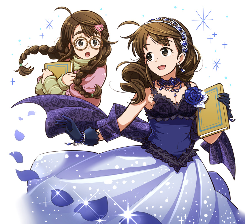ahoge aopanda bare_shoulders blue_dress blush book braid brown_eyes brown_hair commentary_request dress earrings freckles glasses gloves hair_ornament hairband hairclip holding holding_book idolmaster idolmaster_cinderella_girls jewelry long_hair okuyama_saori open_mouth shawl smile twin_braids