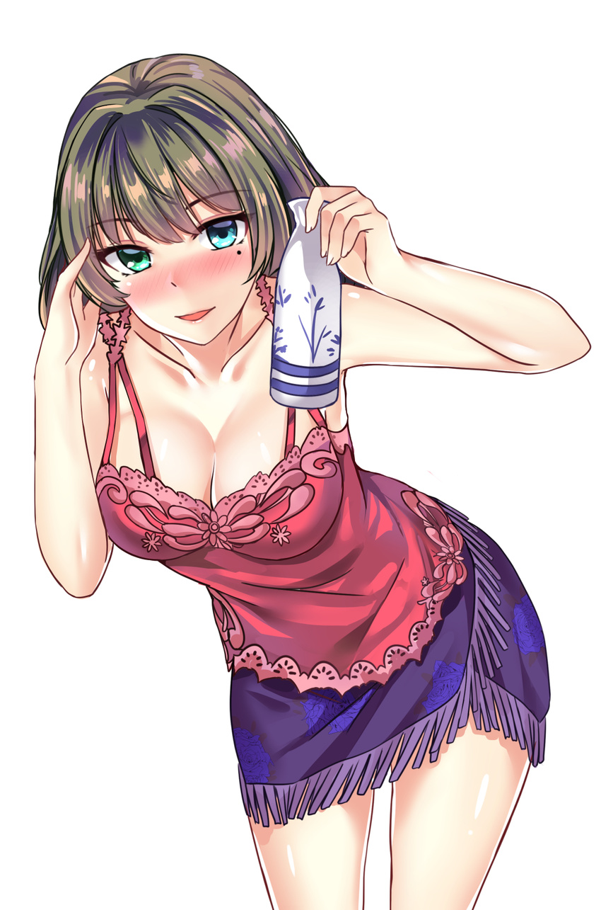 alcohol alternate_costume bare_shoulders blue_eyes breasts brown_hair cleavage collarbone commentary_request drunk eyebrows_visible_through_hair fringe_trim green_eyes heterochromia highres idolmaster idolmaster_cinderella_girls leaning_forward looking_at_viewer medium_breasts mole mole_under_eye sake short_hair smile solo takagaki_kaede wanruo_jifeng