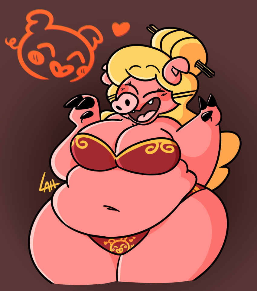 2019 animal_humanoid anthro belly big_breasts big_butt biped blush bra breasts butt chinese_new_year chinese_zodiac chopsticks clothed clothing digital_media_(artwork) eyebrows eyelashes female hair holidays humanoid leoafterhours mammal navel open_mouth overweight panties pig porcine signature simple_background smile solo standing thick_thighs tusks underwear voluptuous wide_hips year_of_the_pig