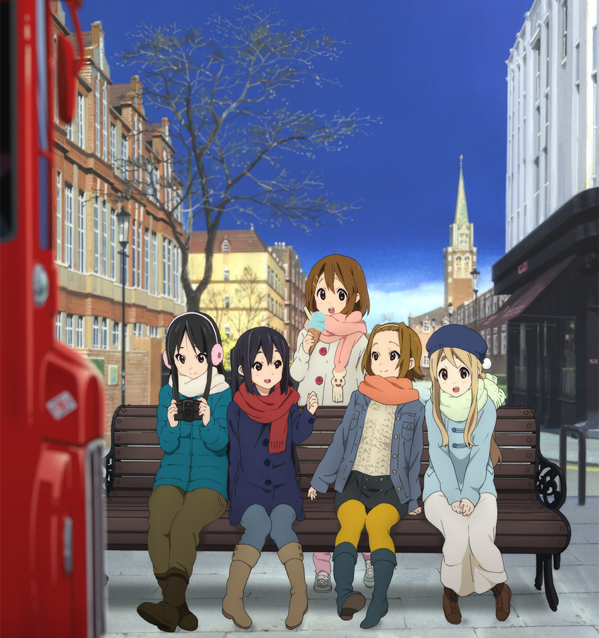 akiyama_mio anime_location bench blue_legwear boots bus casual coat double-decker_bus earmuffs food ground_vehicle hat highres hirasawa_yui horiguchi_yukiko ice_cream k-on! k-on!_movie kotobuki_tsumugi london motor_vehicle multiple_girls nakano_azusa official_art pantyhose scarf sitting smile tainaka_ritsu united_kingdom winter_clothes yellow_legwear