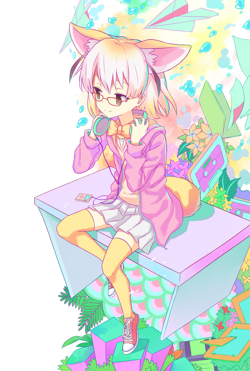 absurdres animal_ears bespectacled blonde_hair bow bowtie brown_eyes cassette_tape colorful cyan_aeolin digital_media_player fennec_(kemono_friends) floppy_disk flower fox_ears fox_tail full_body glasses headphones highres hood hoodie kemono_friends leaf looking_to_the_side paper_airplane picture_frame plant pleated_skirt red-framed_eyewear shoes short_hair sitting skirt smile sneakers solo table tail thighhighs water_drop white_skirt yellow_bow yellow_legwear yellow_neckwear zettai_ryouiki