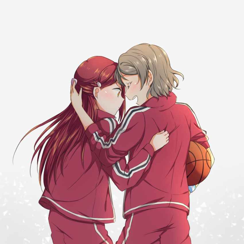 2girls arm_around_shoulder basketball blush eyes_closed from_behind grey_hair hair_ornament hairclip half_updo hand_on_another's_back highres jacket long_hair long_sleeves love_live! love_live!_sunshine!! multiple_girls open_mouth pants red_hair red_jacket red_pants sakurauchi_riko short_hair smile sweatband track_jacket track_pants watanabe_you yuchi_(salmon-1000)