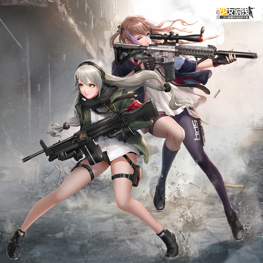 ;/ aiming ammunition ar-15 bangs black_footwear black_gloves black_jacket black_legwear black_neckwear black_scarf black_shorts blue_eyes blurry brown_hair closed_mouth clothes_writing debris fingerless_gloves full_body girls_frontline gloves green_jacket gun headset holding holding_gun holding_weapon holster jacket john_law_bc jumping kneehighs long_hair long_sleeves looking_away looking_to_the_side low-tied_long_hair low_twintails mg4_(girls_frontline) mismatched_legwear motion_blur multicolored_hair multiple_girls necktie one_eye_closed one_side_up open_clothes open_jacket outdoors rifle scarf serious shell_casing shirt shoes shorts smile smoke sneakers sniper_rifle spread_legs st_ar-15_(girls_frontline) stanag_magazine standing streaked_hair thigh_holster thigh_strap thighhighs trigger_discipline twintails very_long_hair weapon white_shirt yellow_eyes you're_doing_it_wrong