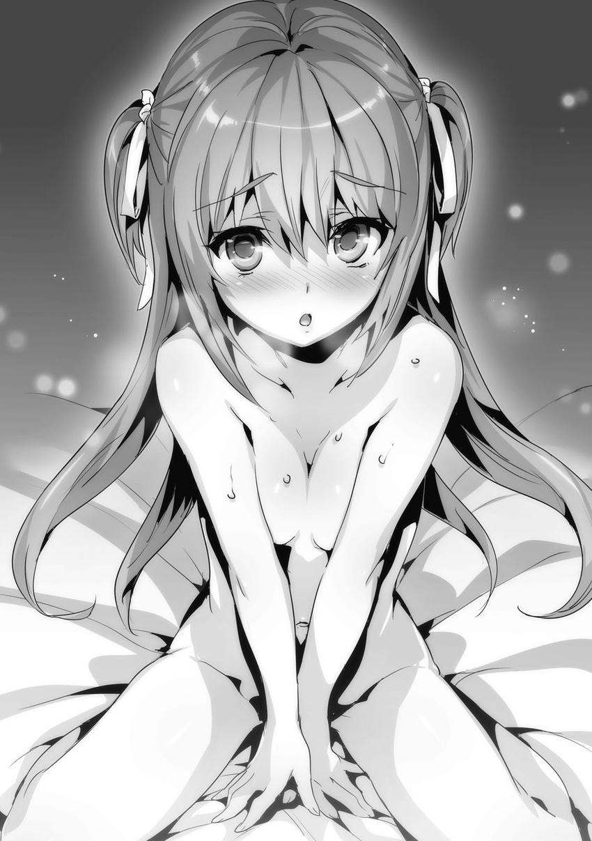 blurry blush bokeh breasts breath convenient_arm convenient_censoring depth_of_field eyebrows_visible_through_hair from_above grace_synclavia greyscale hair_between_eyes hair_ribbon highres hisasi long_hair looking_at_viewer looking_up masou_gakuen_hxh monochrome navel novel_illustration nude ribbon sitting small_breasts solo sweat two_side_up very_long_hair wariza