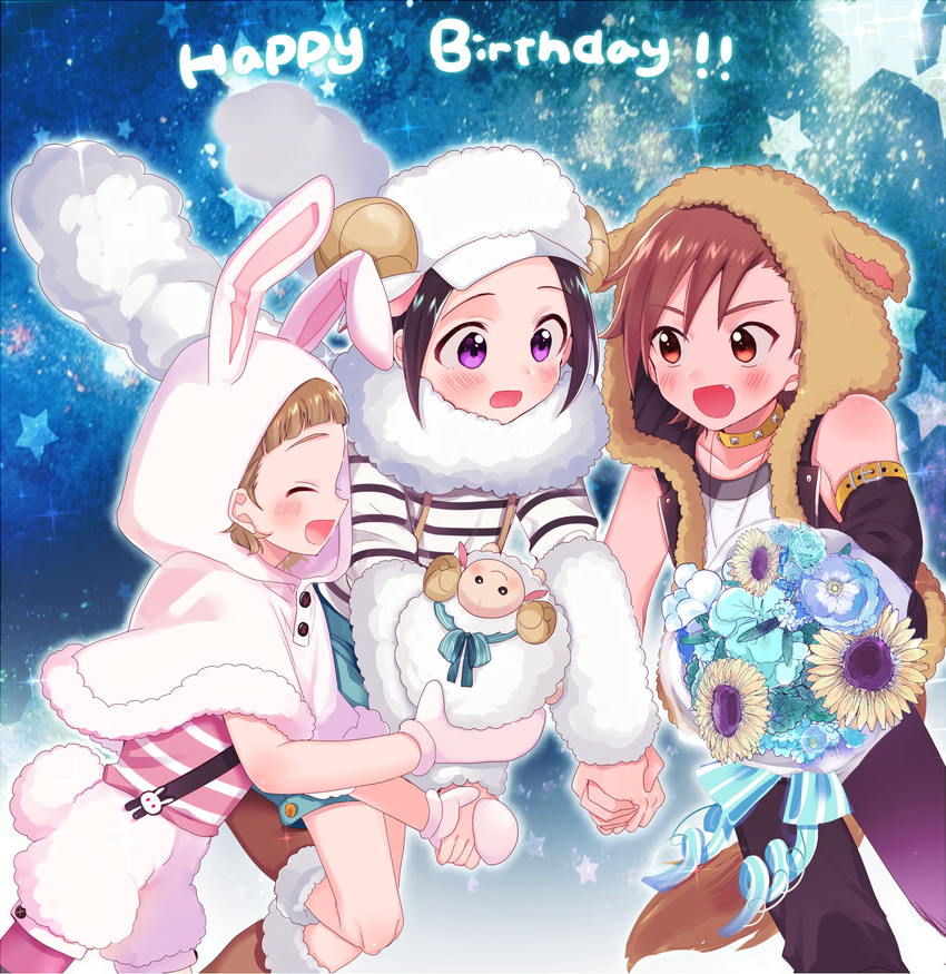 abe_(kumayu) animal_hood birthday black_hair blush bouquet brown_eyes brown_hair bunny_hood choker closed_eyes fang flower happy_birthday highres himeno_kanon hood idolmaster idolmaster_side-m jewelry male_focus mofumofuen multiple_boys necklace okamura_nao open_mouth purple_eyes shorts smile stuffed_animal stuffed_sheep stuffed_toy tachibana_shirou