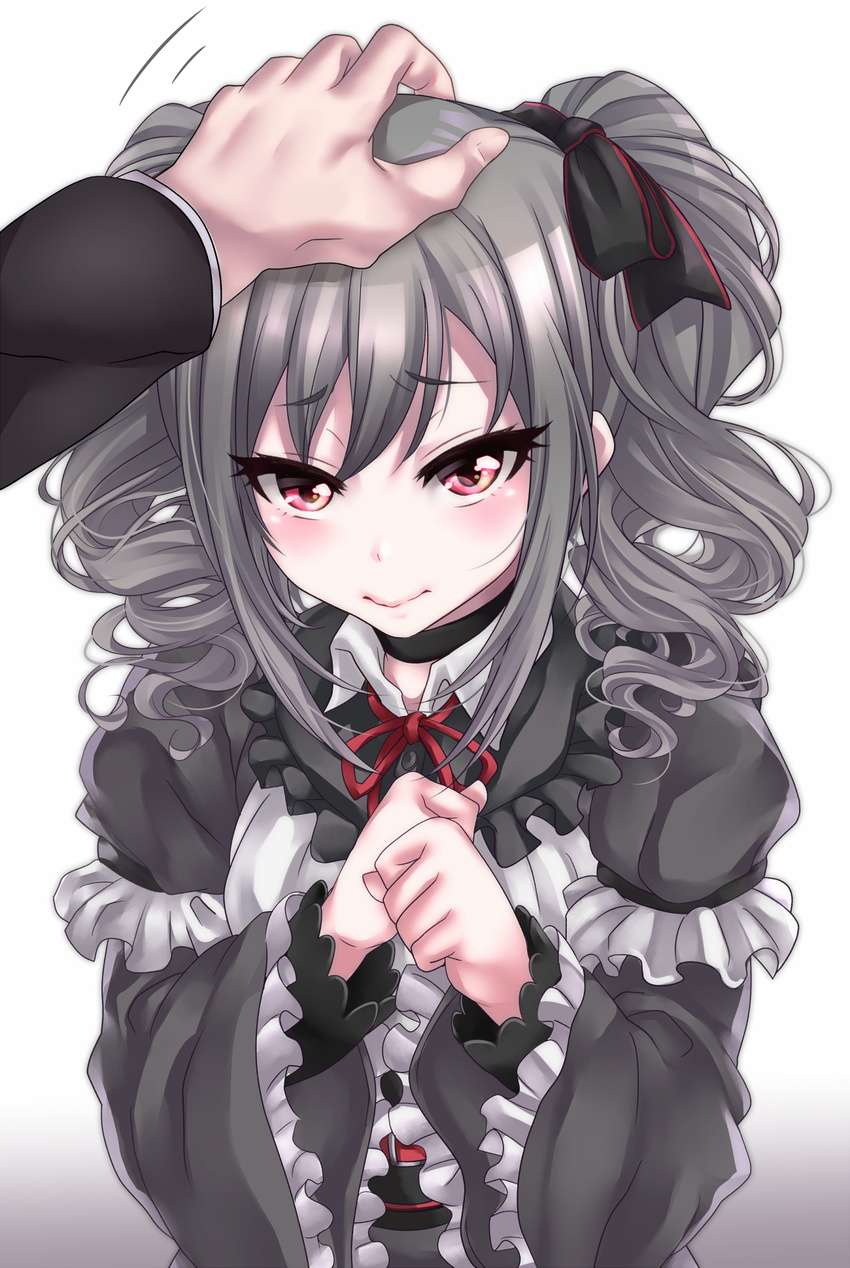 blush commentary_request drill_hair gothic_lolita gradient gradient_background hairband hand_on_another's_head highres idolmaster idolmaster_cinderella_girls kanzaki_ranko lolita_fashion lolita_hairband long_hair out_of_frame petting red_eyes solo_focus tdnd-96 twin_drills