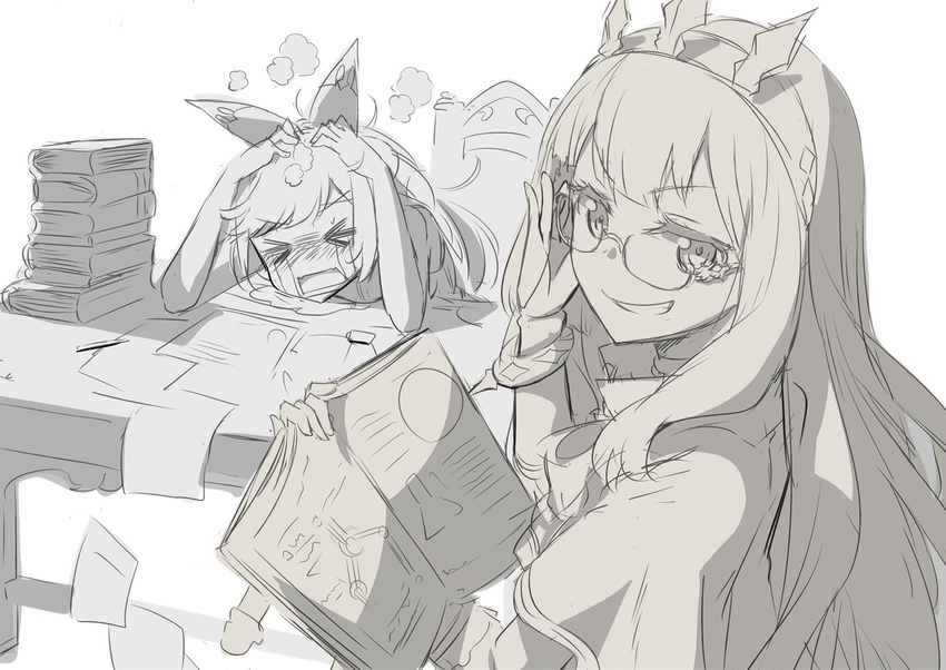 &gt;_&lt; adjusting_eyewear bespectacled book book_stack cagliostro_(granblue_fantasy) clarisse_(granblue_fantasy) closed_eyes commentary_request crying glasses gochou_(atemonai_heya) granblue_fantasy grin hands_on_own_head jpeg_artifacts long_hair monochrome multiple_girls open_book papers rectangular_mouth sketch smile streaming_tears tears