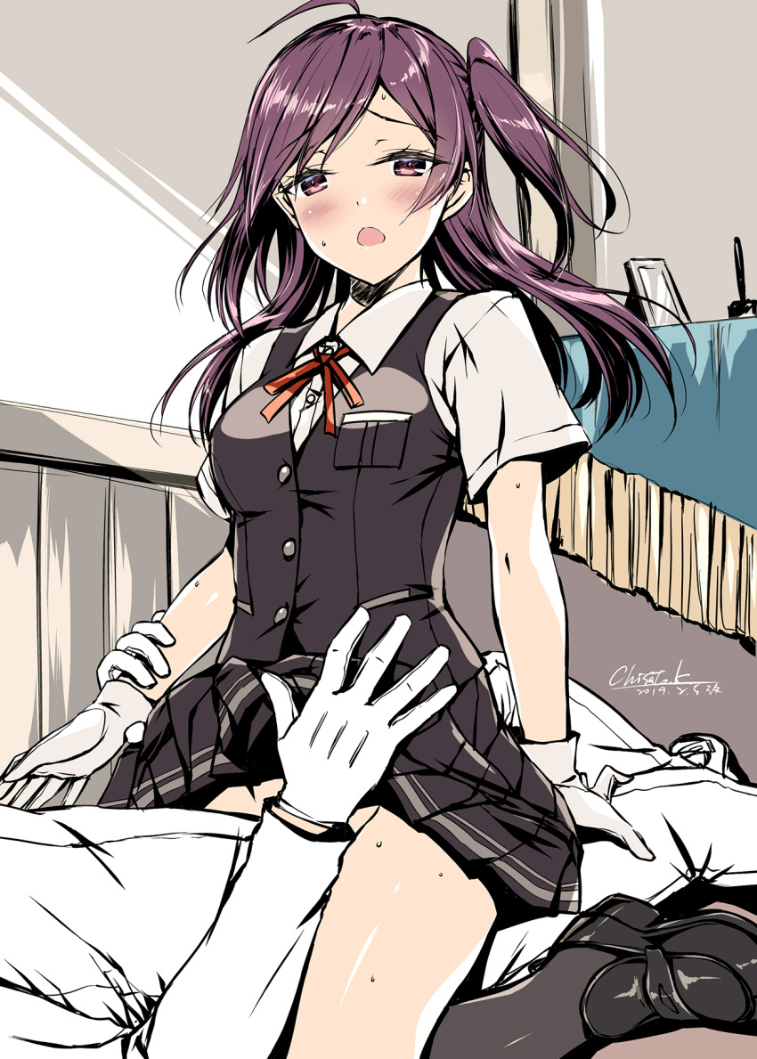 1boy 1girl ahoge blush breasts clothed_sex collared_shirt commentary_request cowgirl_position dated eyebrows_visible_through_hair gloves hagikaze_(kantai_collection) hetero highres holding_another's_arm implied_sex jacket kantai_collection kobayashi_chisato loafers long_hair looking_at_viewer military military_uniform monochrome neck_ribbon no_panties one_side_up open_mouth pants pleated_skirt ribbon school_uniform shirt shoes short_sleeves signature skirt straddling sweat thighhighs thighs uniform vest white_gloves