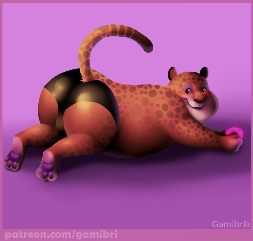 anthro benjamin_clawhauser bulge butt cheetah clothed clothing disney doughnut feline food gamibri mammal topless underwear zootopia
