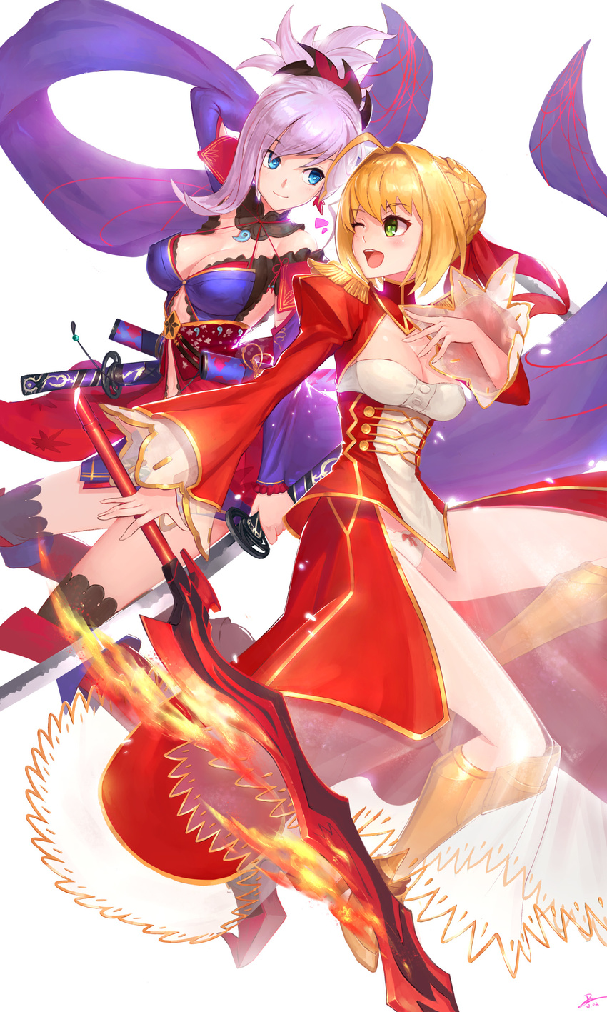 absurdres aestus_estus ahoge blonde_hair blue_eyes breasts cleavage_cutout detached_sleeves dress duan_henglong epaulettes fate/extra fate/grand_order fate_(series) green_eyes hair_intakes hair_ornament highres japanese_clothes jewelry kimono large_breasts lock long_sleeves looking_at_another medium_breasts miyamoto_musashi_(fate/grand_order) multiple_girls nero_claudius_(fate) nero_claudius_(fate)_(all) one_eye_closed padlock panties ponytail puffy_long_sleeves puffy_sleeves red_dress revision sash smile sword thighhighs thighs underwear weapon white_panties wide_sleeves