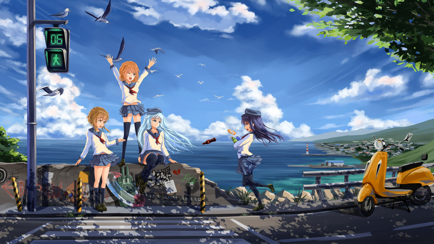 :o ;d akatsuki_(kantai_collection) anchor_symbol arms_up augu_(523764197) bad_id bad_pixiv_id bird black_legwear blue_eyes blue_hair blue_hat blue_skirt blue_sky boat bottle brown_eyes brown_footwear cloud concrete crossed_ankles crosswalk day dropping eyebrows_visible_through_hair flat_cap graffiti ground_vehicle guard_rail hat hibiki_(kantai_collection) highres holding holding_bottle horizon ikazuchi_(kantai_collection) inazuma_(kantai_collection) innertube kantai_collection kneehighs lighthouse long_sleeves looking_at_another miniskirt motor_vehicle multiple_girls neckerchief ocean on_wall one_eye_closed open_mouth outdoors outstretched_arms pantyhose pedestrian_lights pier red_neckwear road school_uniform scooter seagull serafuku shoes sitting skirt sky smile soda_bottle standing sunlight thighhighs traffic_light tree tree_shade walking wall watercraft wind zettai_ryouiki
