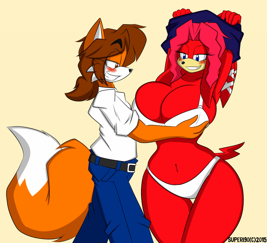 2015 anthro big_breasts breasts canine cleavage clothed clothing duo echidna female fox huge_breasts lien-da male mammal monotreme supersonicrulaa