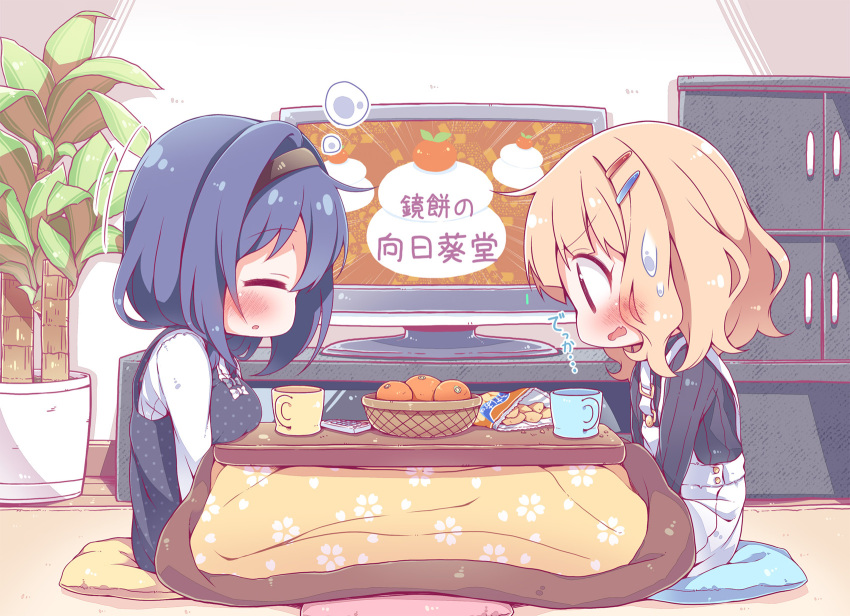 2girls blonde_hair blue_hair blush breast_rest breasts brown_eyes bubble cabinet chibi controller eyes_closed facing_another food fruit furutani_himawari hair_ornament hairclip highres indoors long_sleeves looking_at_another medium_breasts multiple_girls oomuro_sakurako orange overalls parted_lips pillow remote_control short_hair sitting sleeping sweat takahero television translation_request tree yuru_yuri