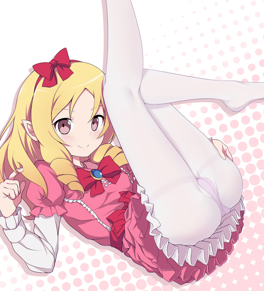 ass bangs blonde_hair blush bow bowtie brooch caibao closed_mouth crotch_seam dress drill_hair eromanga_sensei eyebrows_visible_through_hair frilled_dress frills hair_twirling hairband halftone halftone_background hand_on_own_thigh highres jewelry legs_up long_hair lying no_shoes on_back panties panties_under_pantyhose pantyhose parted_bangs pink_dress pink_panties pointy_ears puffy_short_sleeves puffy_sleeves red_bow red_hairband red_neckwear shiny shiny_hair short_dress short_sleeves smile solo tareme thighband_pantyhose twin_drills underwear upskirt white_legwear yamada_elf