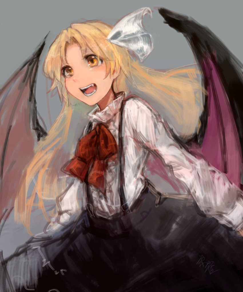 absurdres bat_wings blonde_hair fangs grey_background hair_ribbon highres kurumi_(touhou) long_hair neck_ribbon open_mouth ribbon signature smile solo sujaku_(izayoisuzaku) suspenders touhou touhou_(pc-98) vampire wings yellow_eyes