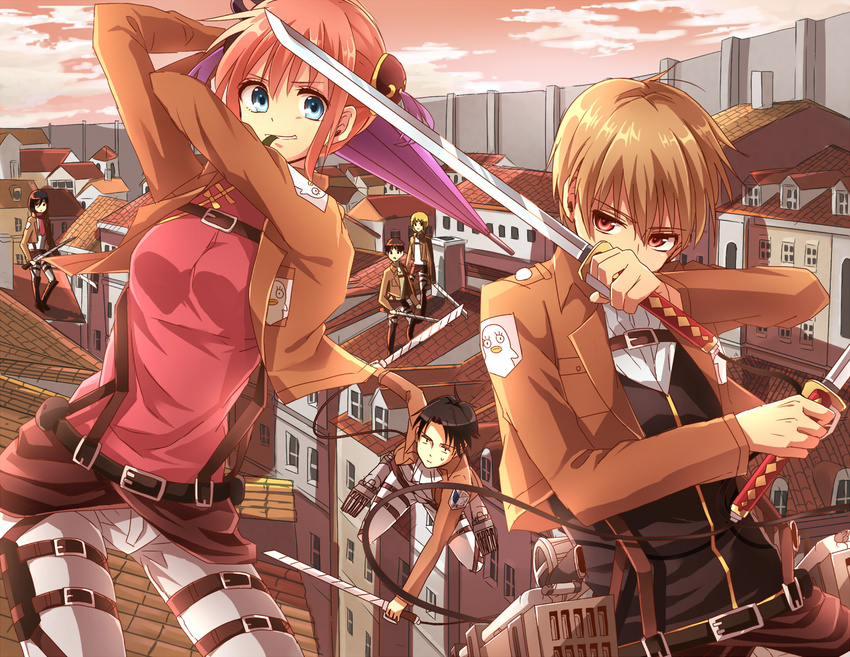 4boys armin_arlert belt black_hair blonde_hair blue_eyes breasts brown_hair brown_jacket brown_shirt closed_umbrella crossover double_bun dual_wielding dusk elizabeth_(gintama) eren_yeager gintama grey_pants hair_between_eyes holding holding_sword holding_umbrella holding_weapon jacket kagura_(gintama) kappe_reeka katana levi_(shingeki_no_kyojin) long_hair medium_breasts mikasa_ackerman military military_uniform mouth_hold multiple_boys multiple_girls okita_sougo open_clothes open_jacket oriental_umbrella outdoors pants paradis_military_uniform purple_umbrella red_eyes red_hair red_scarf red_shirt scarf shingeki_no_kyojin shirt sidelocks smile sweatdrop sword three-dimensional_maneuver_gear umbrella uniform weapon