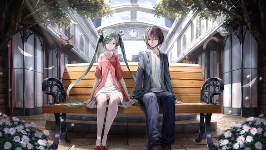 1girl aqua_eyes bench breasts brown_eyes brown_hair city clock commentary_request dress feathers flower hatsune_miku hetero highres long_hair original pantyhose park petals revision ryosios short_hair small_breasts tree twintails vocaloid