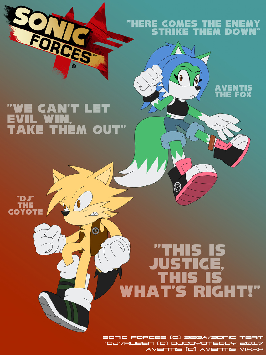 anthro aventis blue_hair canine clothed clothing coyote djcoyoteguy fox fur green_fur hair mammal ruben_(djcoyoteguy) sonic_(series) sonic_forces tan_fur text video_games