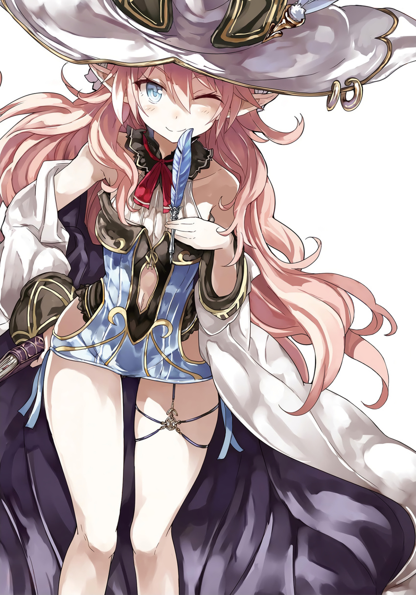 ;) bare_shoulders blue_dress blue_eyes closed_mouth debonair_real_estate detached_sleeves dress flat_chest flipped_hair hair_between_eyes hand_on_hip hand_on_own_chest hat highres long_hair navel navel_cutout non-web_source one_eye_closed pink_hair pointy_ears quill ribbon shibano_kaito short_dress simple_background smile solo thigh_ribbon white_background witch_hat