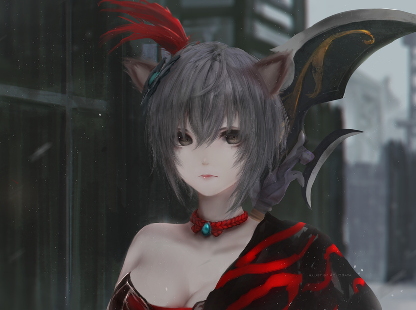 absurdres animal_ears aoi_ogata artist_name bangs black_eyes breasts building cat_ears choker cleavage closed_mouth grey_hair grey_sky hair_between_eyes highres large_breasts looking_at_viewer lu_lingqi outdoors red_choker red_lips shin_sangoku_musou shin_sangoku_musou_8 short_hair solo upper_body