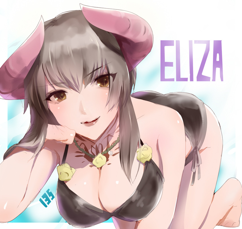 alternate_eye_color ass bangs bikini black_bikini black_hair breasts brown_eyes character_name cleavage demon_horns eliza_(tekken) eyebrows_visible_through_hair hair_between_eyes horns hyakusannjyuugo jewelry lips long_hair medium_breasts necklace short_hair_with_long_locks side-tie_bikini sidelocks slit_pupils smile solo swimsuit tattoo tekken tekken_7 tekken_revolution text_focus vampire