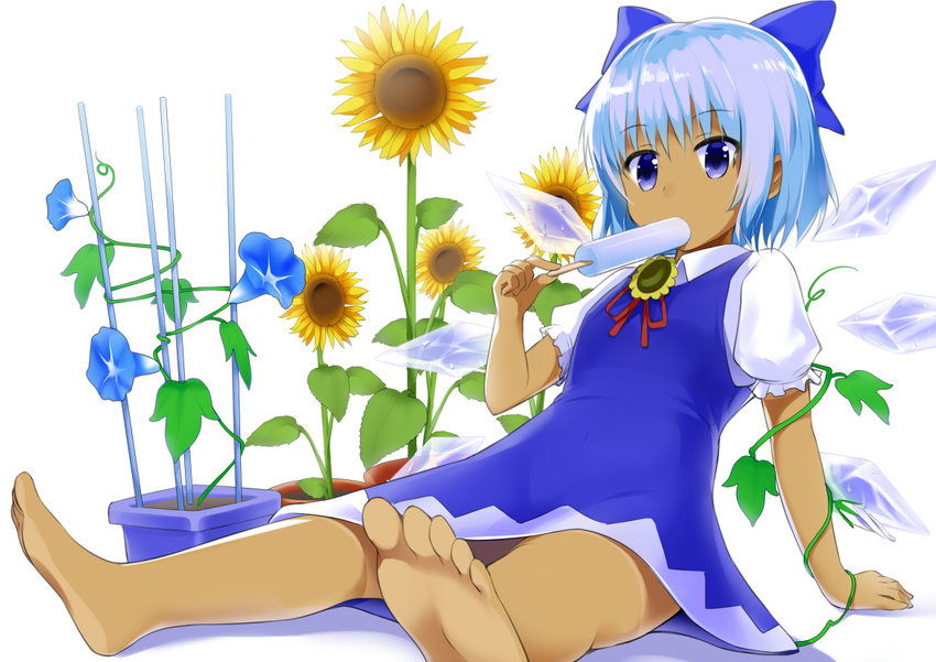 arm_support bangs barefoot blue_bow blue_dress blue_eyes blue_flower blue_hair bow cirno collared_shirt commentary_request dress eating expressionless eyebrows_visible_through_hair fairy_wings feet flower food food_in_mouth foreshortening hair_bow hand_up holding holding_food ice ice_wings looking_at_viewer melting mocchi neck_ribbon pinafore_dress plant popsicle potted_plant puffy_short_sleeves puffy_sleeves red_ribbon ribbon shadow shiny shiny_hair shirt short_hair short_sleeves simple_background sitting solo sunflower tan tanline tanned_cirno toes touhou vines white_background white_shirt wing_collar wings