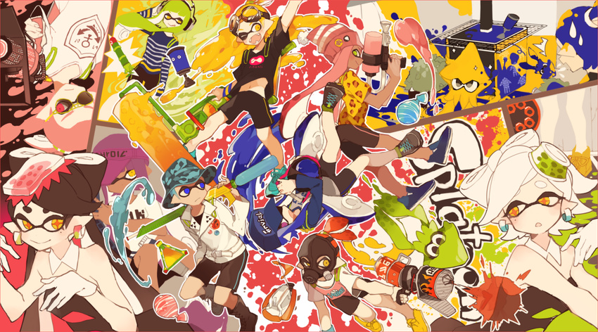 adjusting_headphones akina422 aori_(splatoon) black_footwear black_hair blue_eyes blue_hair blue_hat blush boots bucket_hat commentary copyright_name earrings fangs gas_mask gloves goggles goggles_on_head green_eyes green_hair gun hat highres holding holding_gun holding_weapon hotaru_(splatoon) inkling jewelry long_hair looking_at_another looking_at_viewer mole mole_under_eye multiple_girls navel one_eye_closed open_mouth orange_eyes orange_hair paint_splatter pink_eyes pink_hair purple_eyes red_hair shoes short_hair short_hair_with_long_locks short_sleeves shorts sidelocks smile sneakers splatoon_(series) sunglasses twintails weapon white_gloves white_hair yellow_eyes yellow_footwear