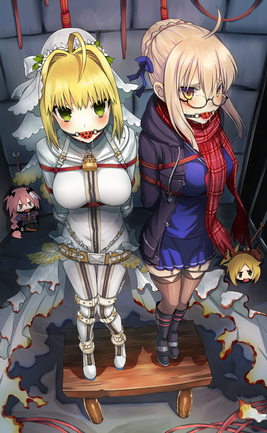 2girl ahoge artoria_pendragon_(all) astolfo_(fate) astolfokun ball_gag bdsm blonde_hair bondage bound bound_arm bridal_veil chains coat eyes fate/grand_order fate_(series) gag glasses green leotard mordred_(fate) mordred_(fate)_(all) mysterious_heroine_x_(alter) nero_claudius_(bride)_(fate) nero_claudius_(fate)_(all) open_clothes open_coat peril red_scarf scarf school_uniform stockings thighhighs veil